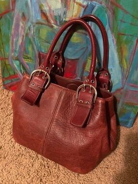 Structured Burnt Red Leather Satchel with Buckle Accents